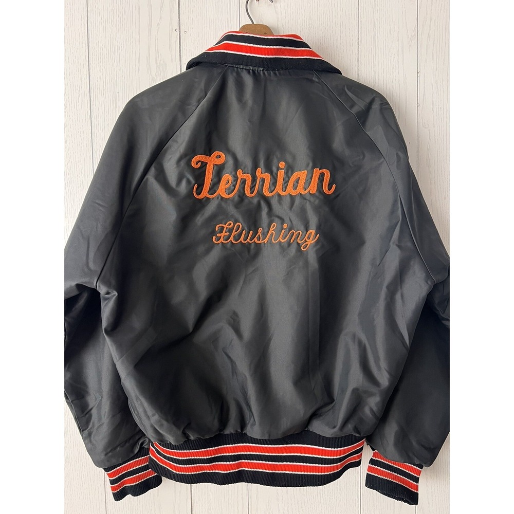 Vintage Terrian DeLong Bomber Jacket Train Depot? CHAINSTITCH FLUSHING MICH